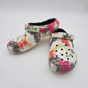 Crocs Sandal Women 10 White Tie Dye Rainbow Splatter Faux Fur Lined Winter